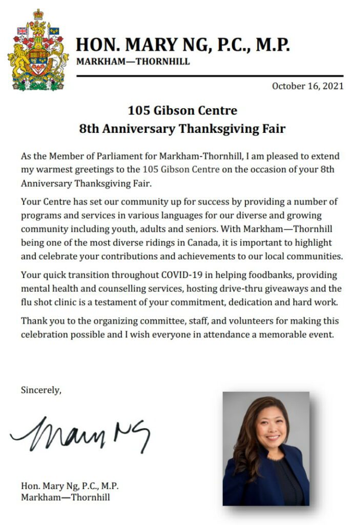 Letter of support from Hon. Mary Ng, PC MP - 105 Gibson Centre 8th Anniversary Thanksgiving Fair